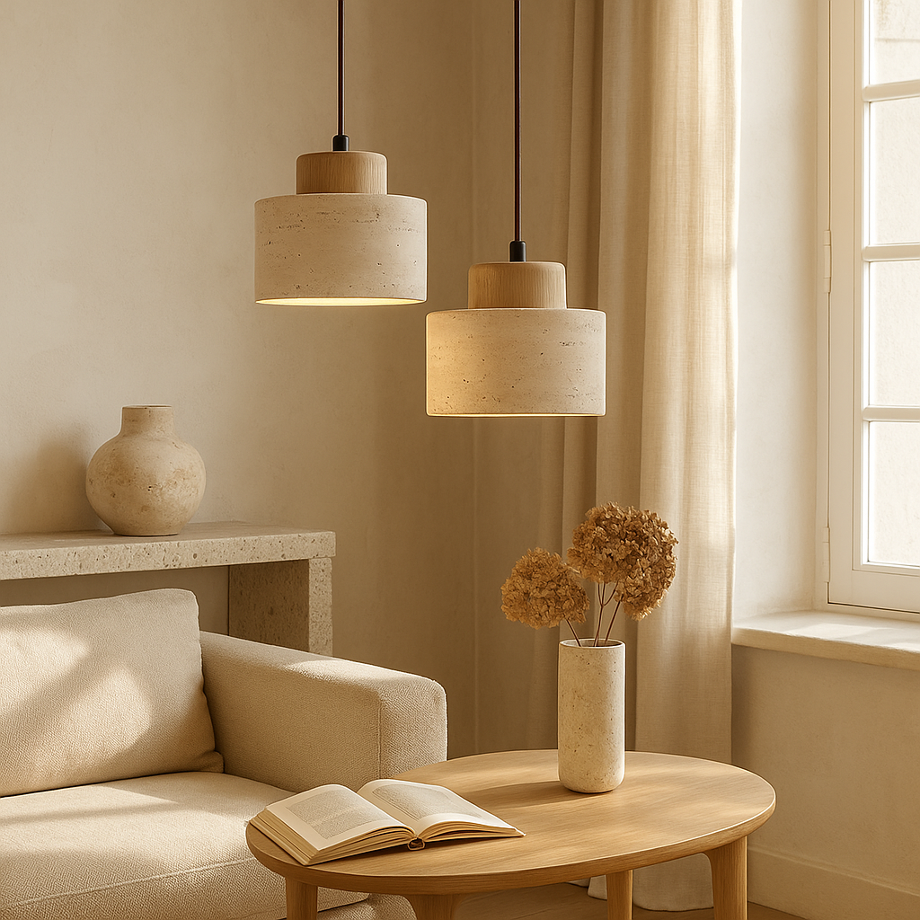 Travertine stone pendant light with cylindrical shade