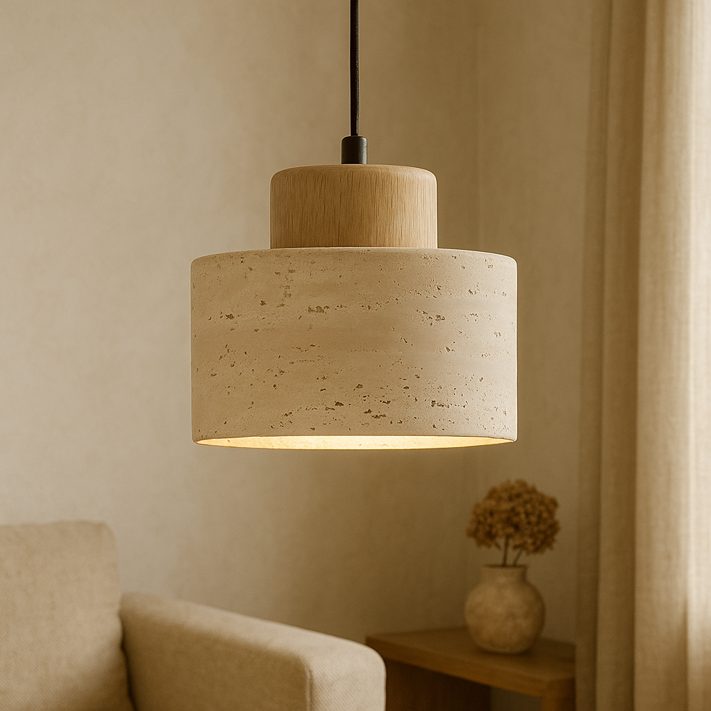 Travertine stone pendant light with cylindrical shade