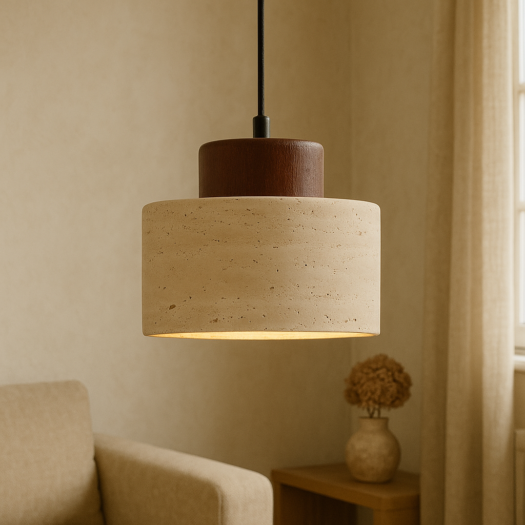 Travertine stone pendant light with cylindrical shade