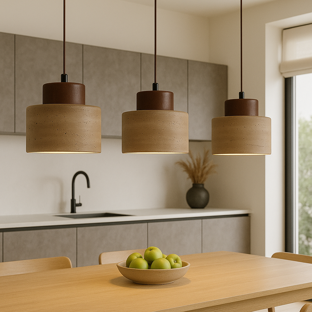 Travertine stone pendant light with cylindrical shade