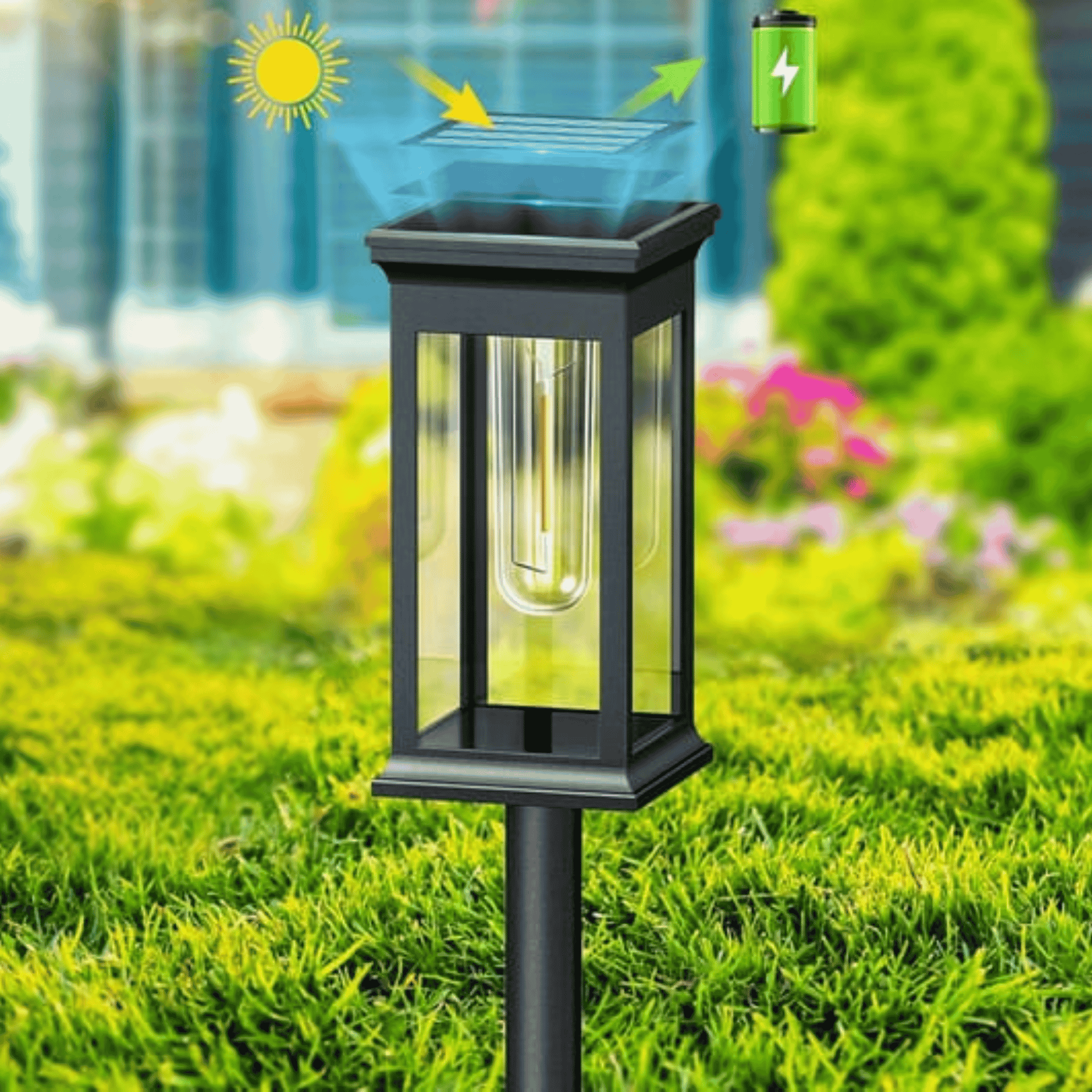 Solar Garden Post Lights with Glass Panels and Metal Frame