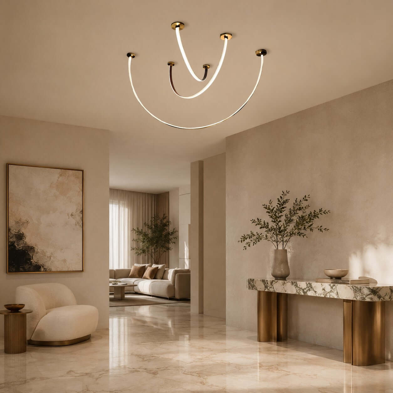 Lustre linéaire à LED incurvé avec éclairage élégant pour salle à manger