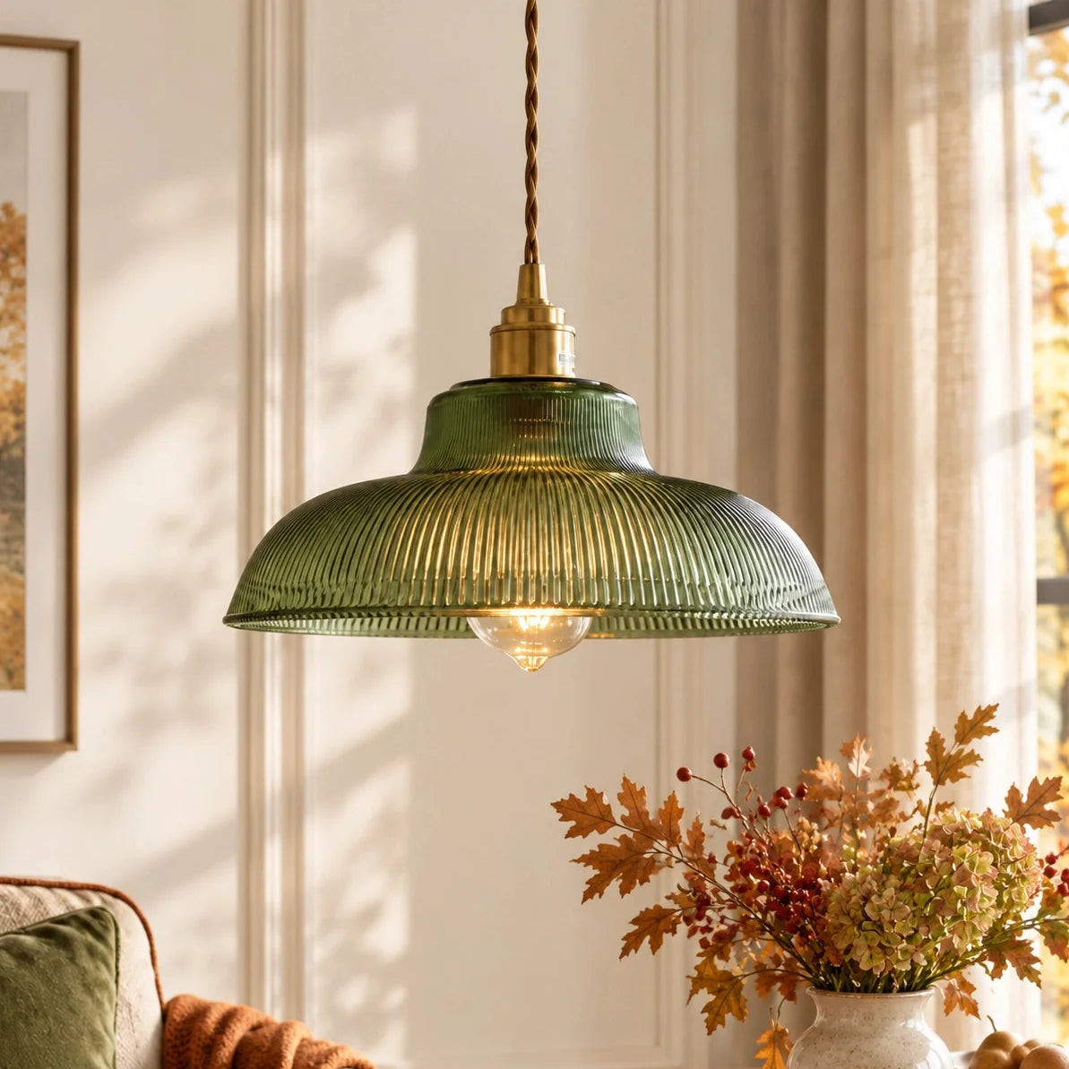 Vintage Ribbed Glass Pendant Light for Dining Room