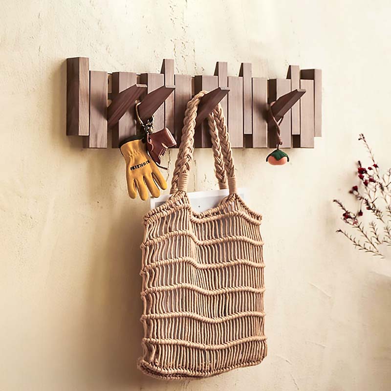 Wood Wall Hook Rack With Foldable Hooks Natural Finish