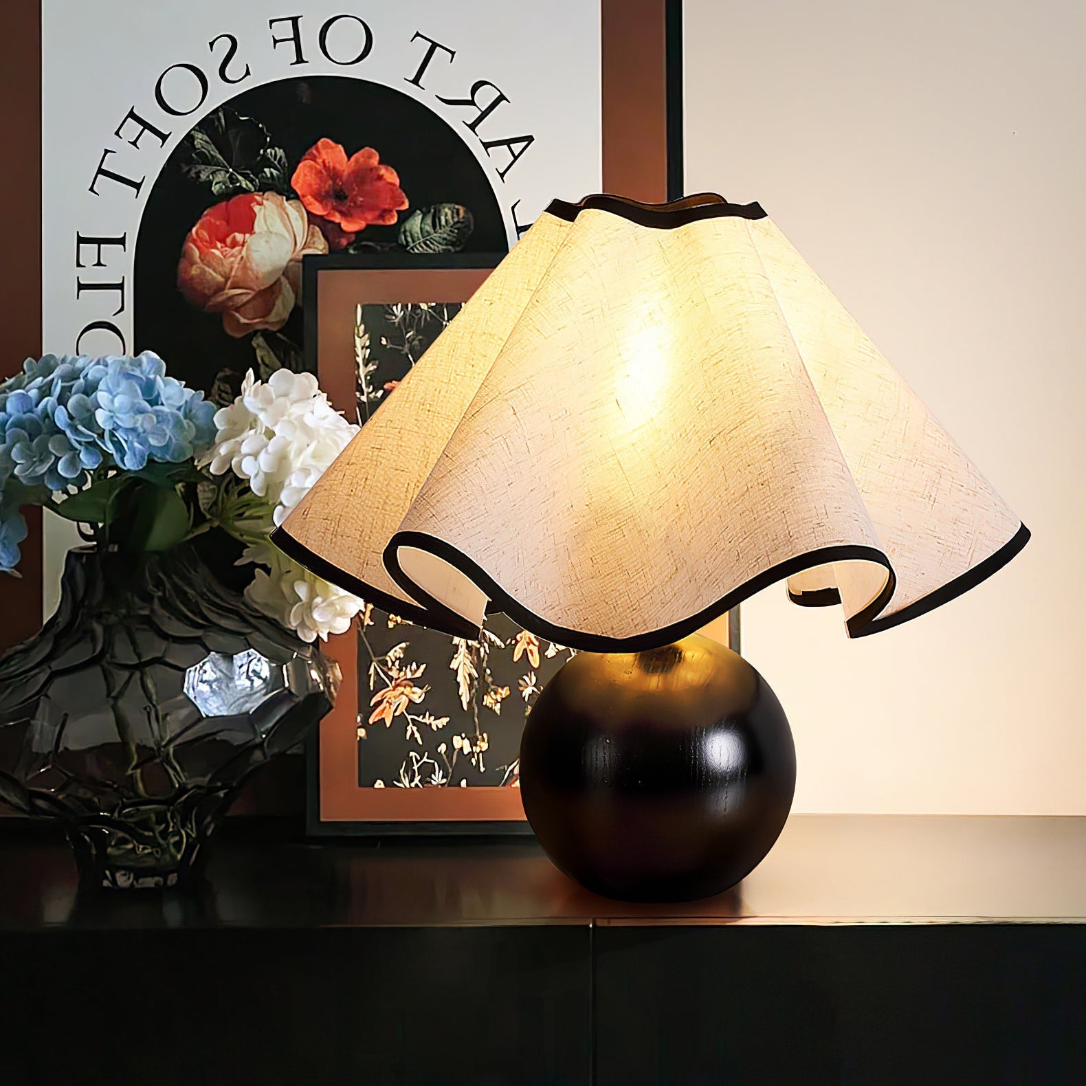 Round Wood Base Table Lamp with Wavy Fabric Shade