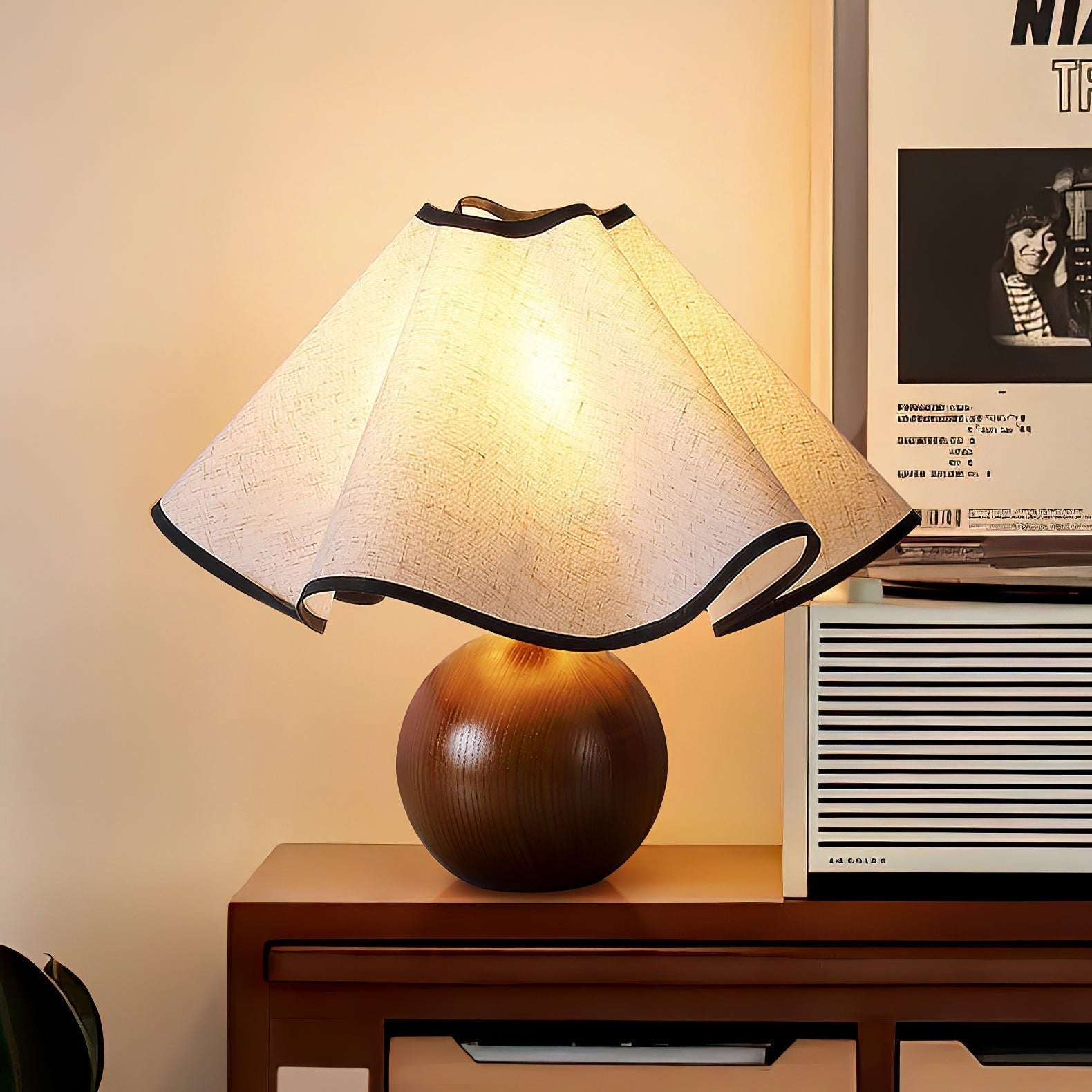 Round Wood Base Table Lamp with Wavy Fabric Shade
