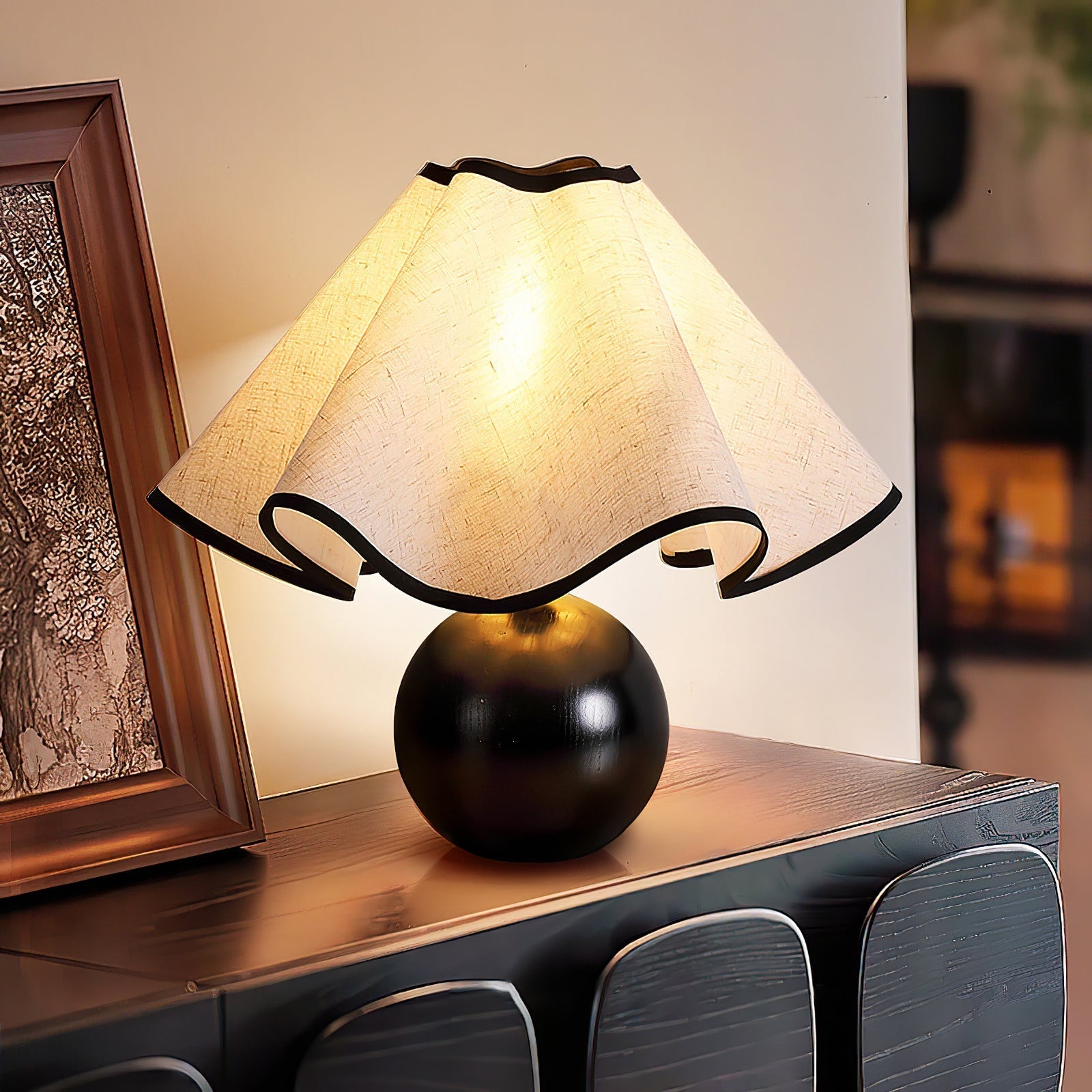 Round Wood Base Table Lamp with Wavy Fabric Shade