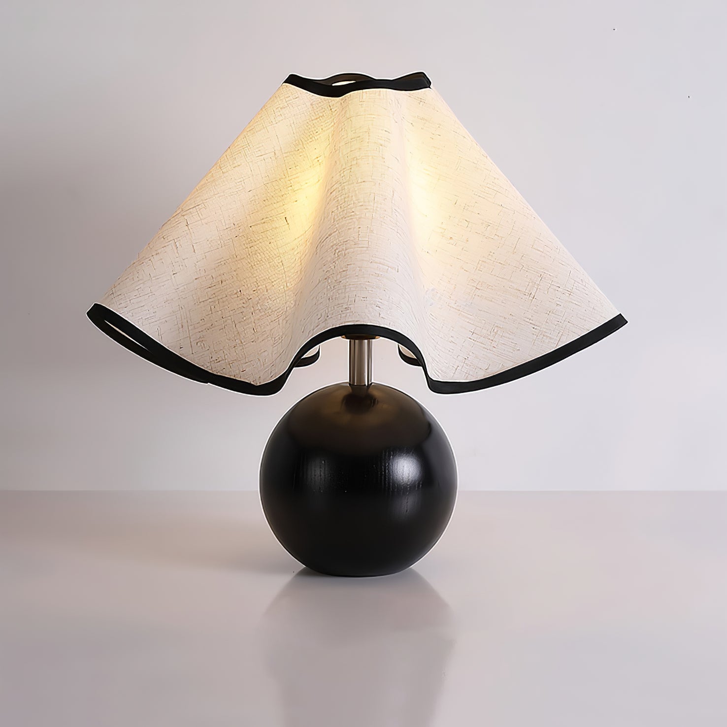 Round Wood Base Table Lamp with Wavy Fabric Shade