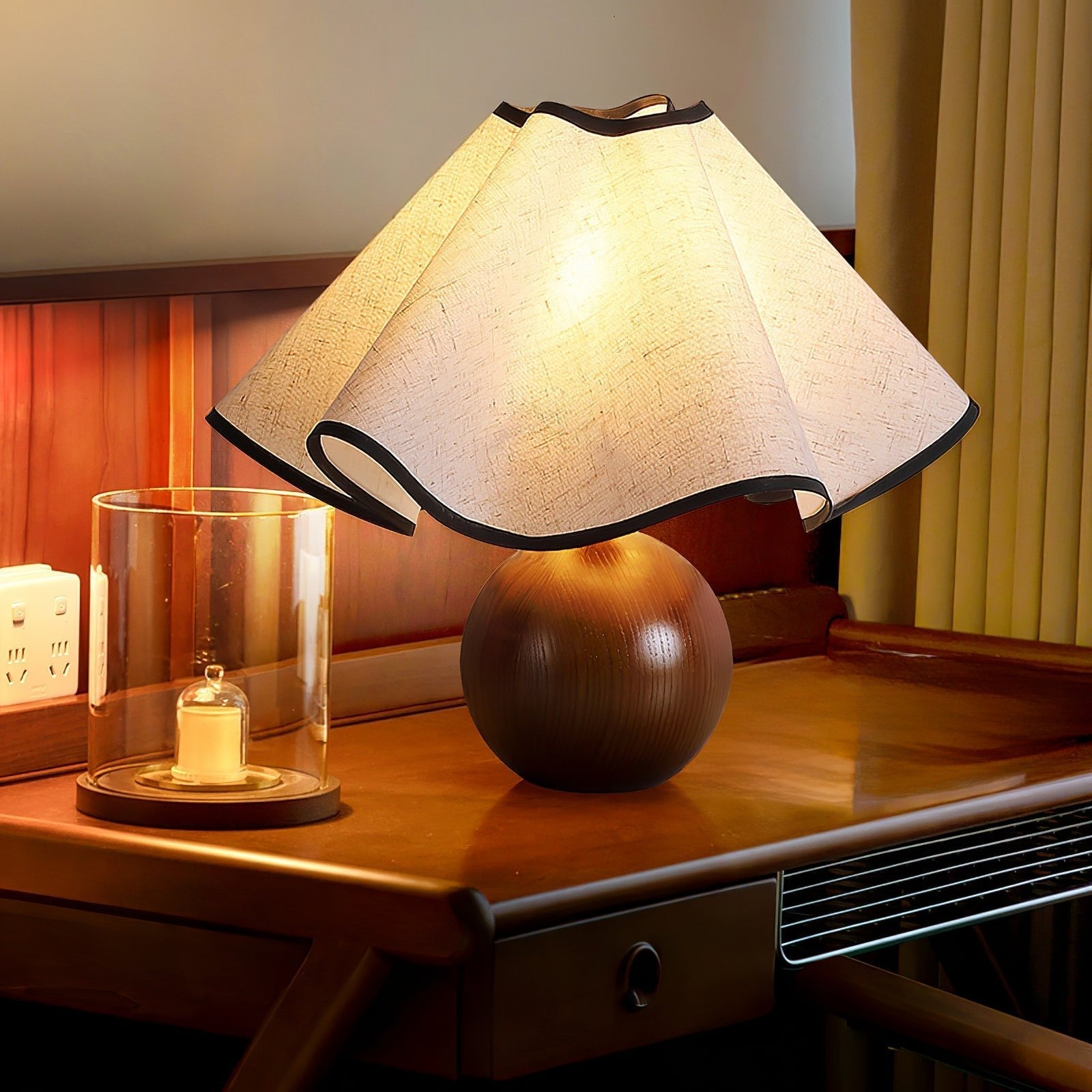 Round Wood Base Table Lamp with Wavy Fabric Shade