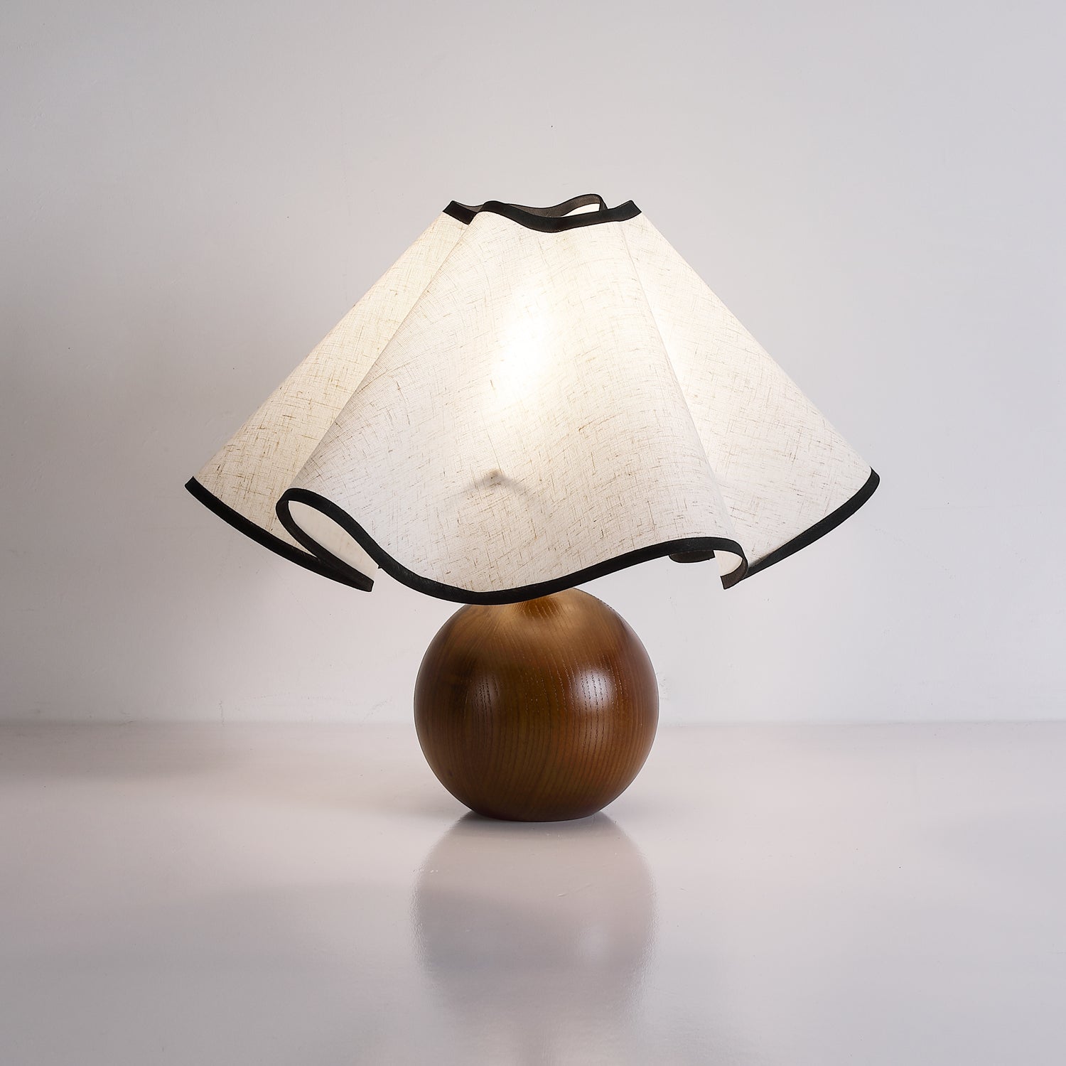 Round Wood Base Table Lamp with Wavy Fabric Shade