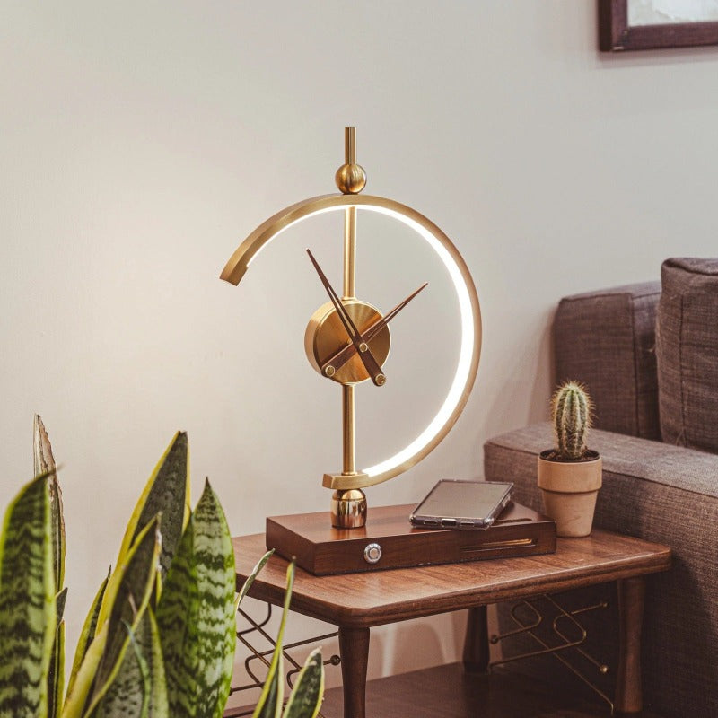 LED Table Lamp with Clock and Wooden Base