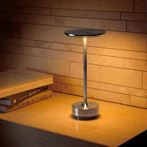 Wireless table lamp with circular metal shade
