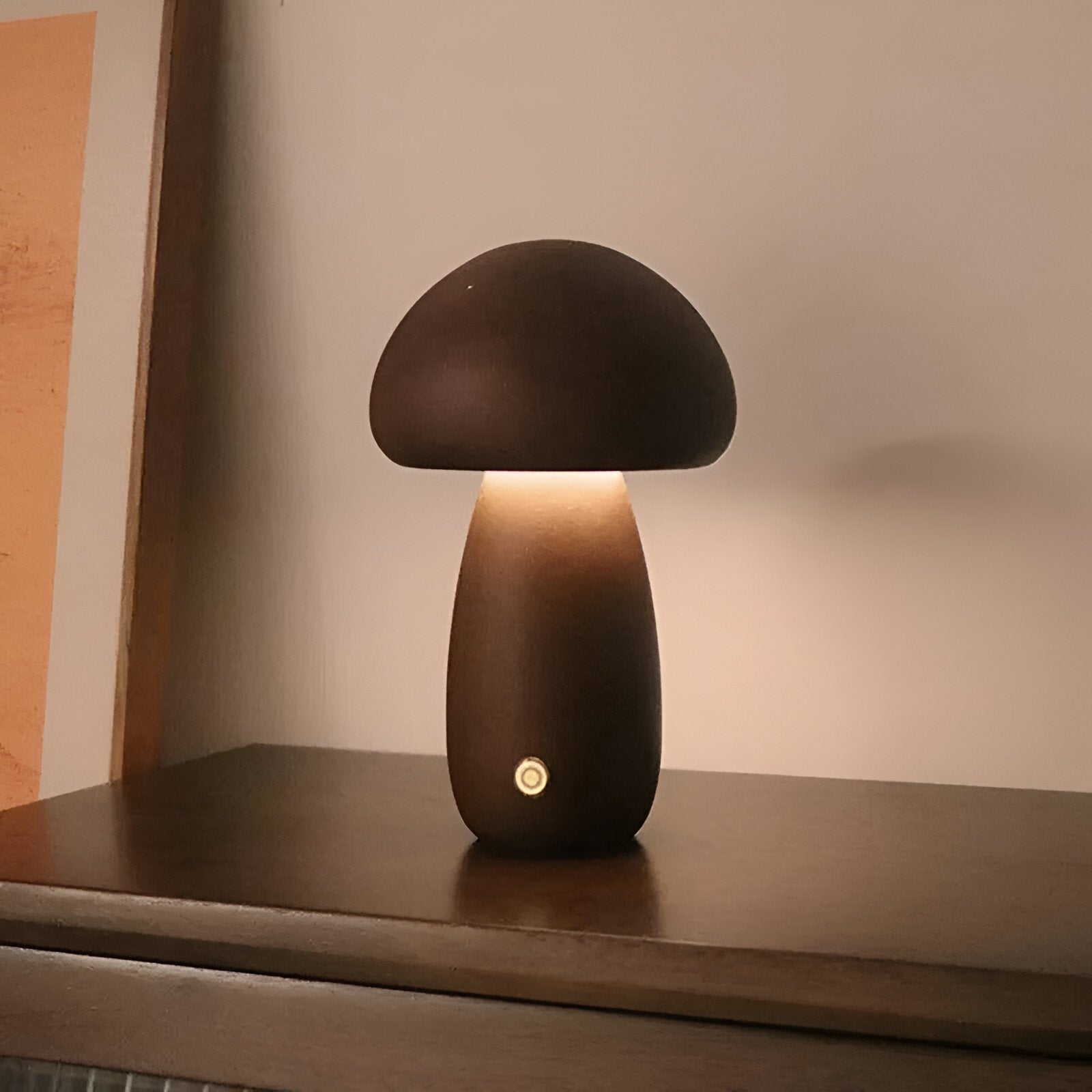 Wooden mushroom shaped bedside light with a push-button switch