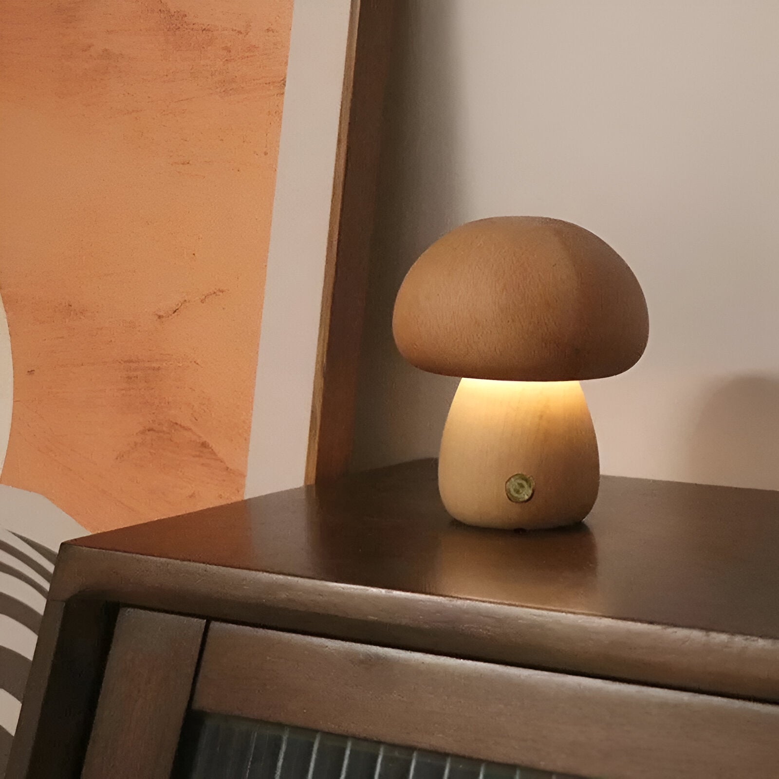 Wooden mushroom shaped bedside light with a push-button switch