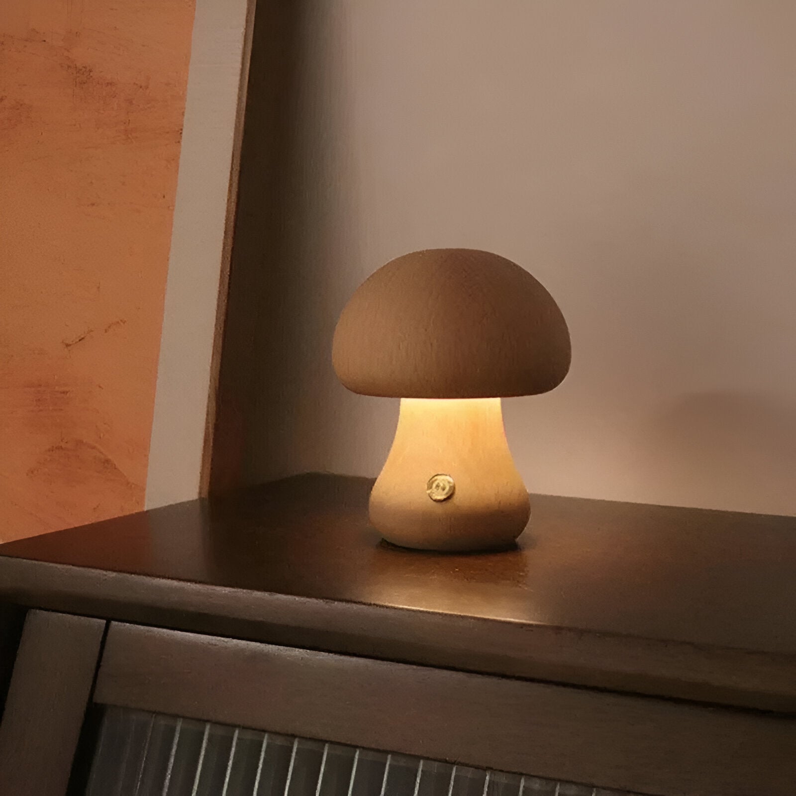 Wooden mushroom shaped bedside light with a push-button switch