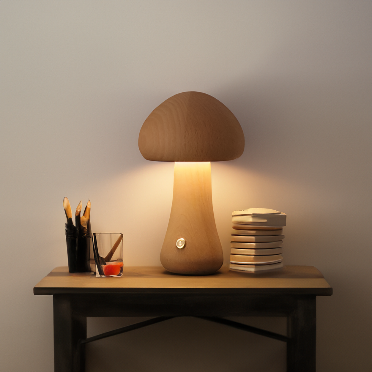 Wooden mushroom shaped bedside light with a push-button switch
