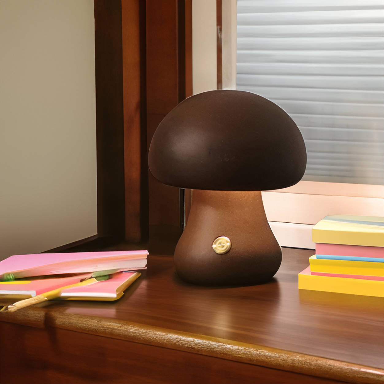 Wooden mushroom shaped bedside light with a push-button switch