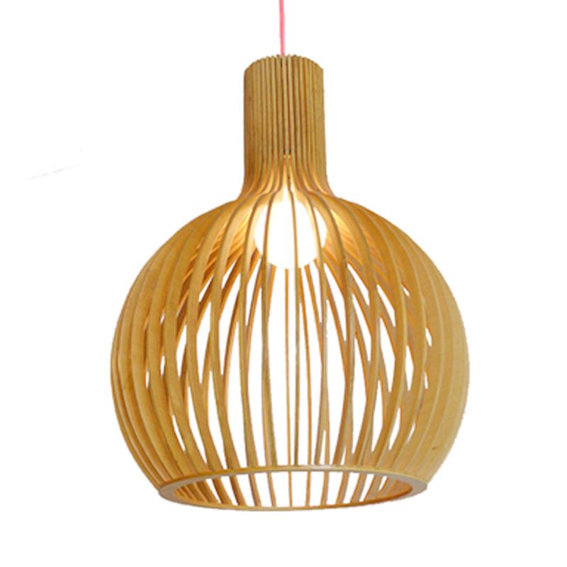 Wooden pendant light with cage shaped shade