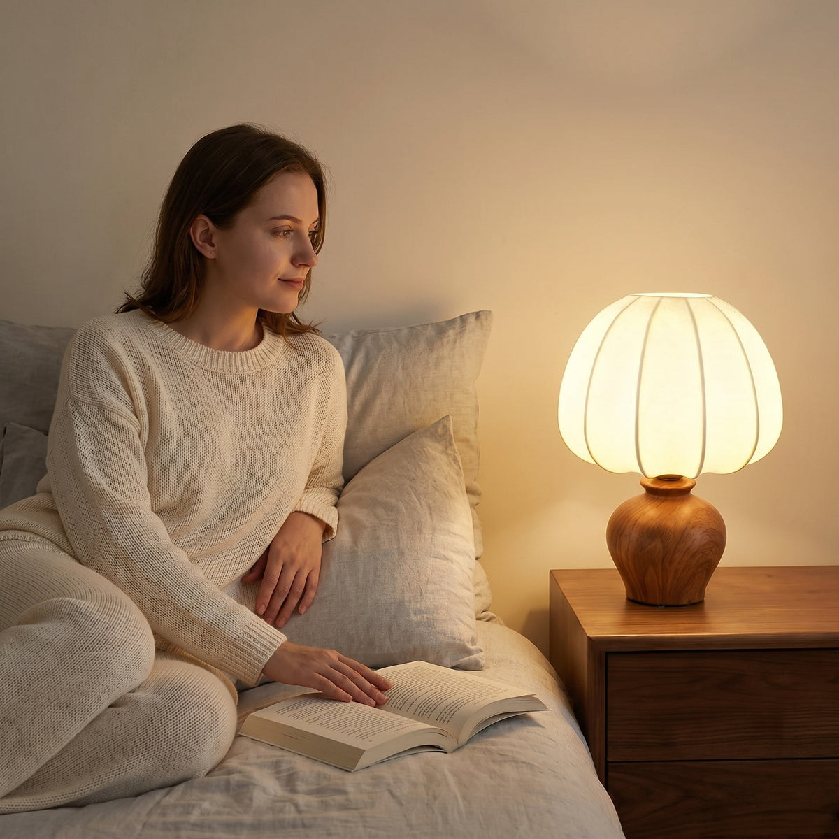 Lampe de chevet rétro en céramique avec abat-jour plissé en lin