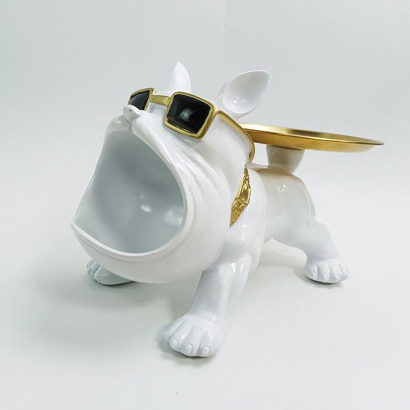 Polyresin Bulldog Ornament In White With Gold Dish