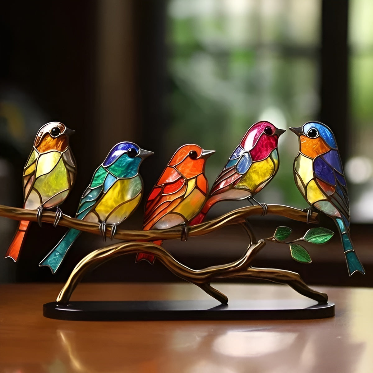 Coloured Glass-Look Birds Ornament On Metal Branch Stand