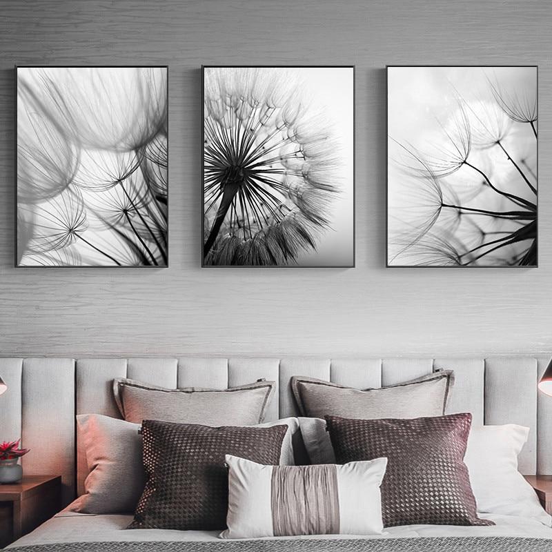 Black and White Dandelion Botanical Wall Art Set