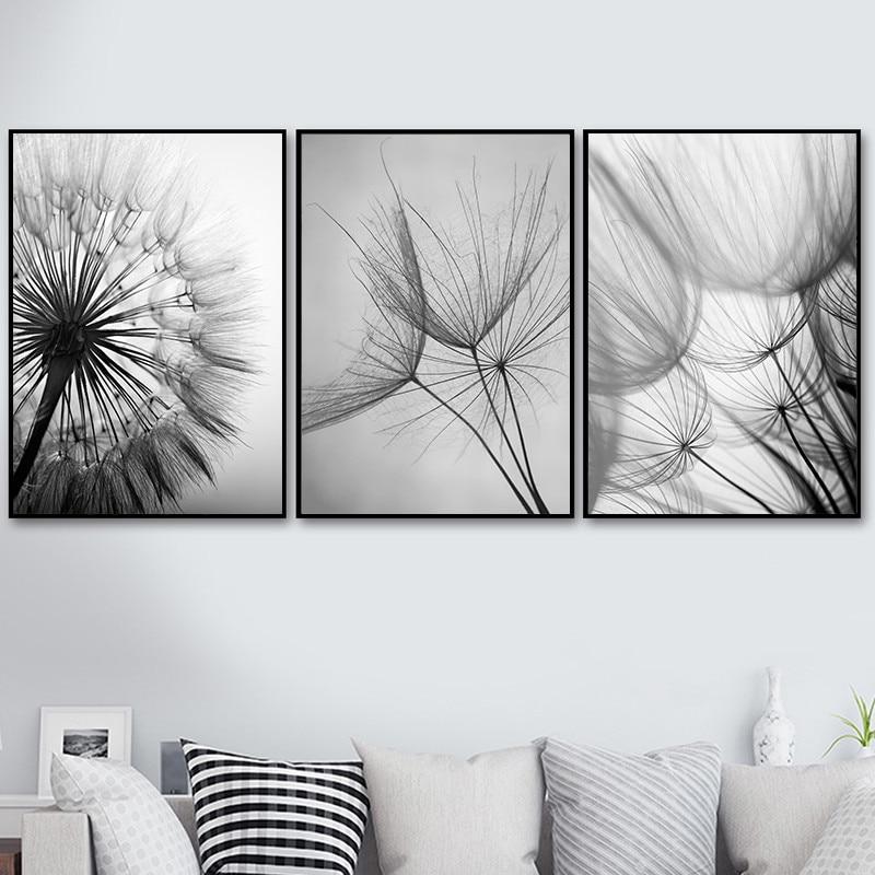 Black and White Dandelion Botanical Wall Art Set