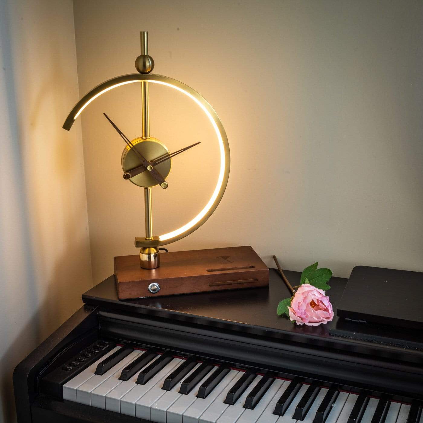 LED Table Lamp with Clock and Wooden Base
