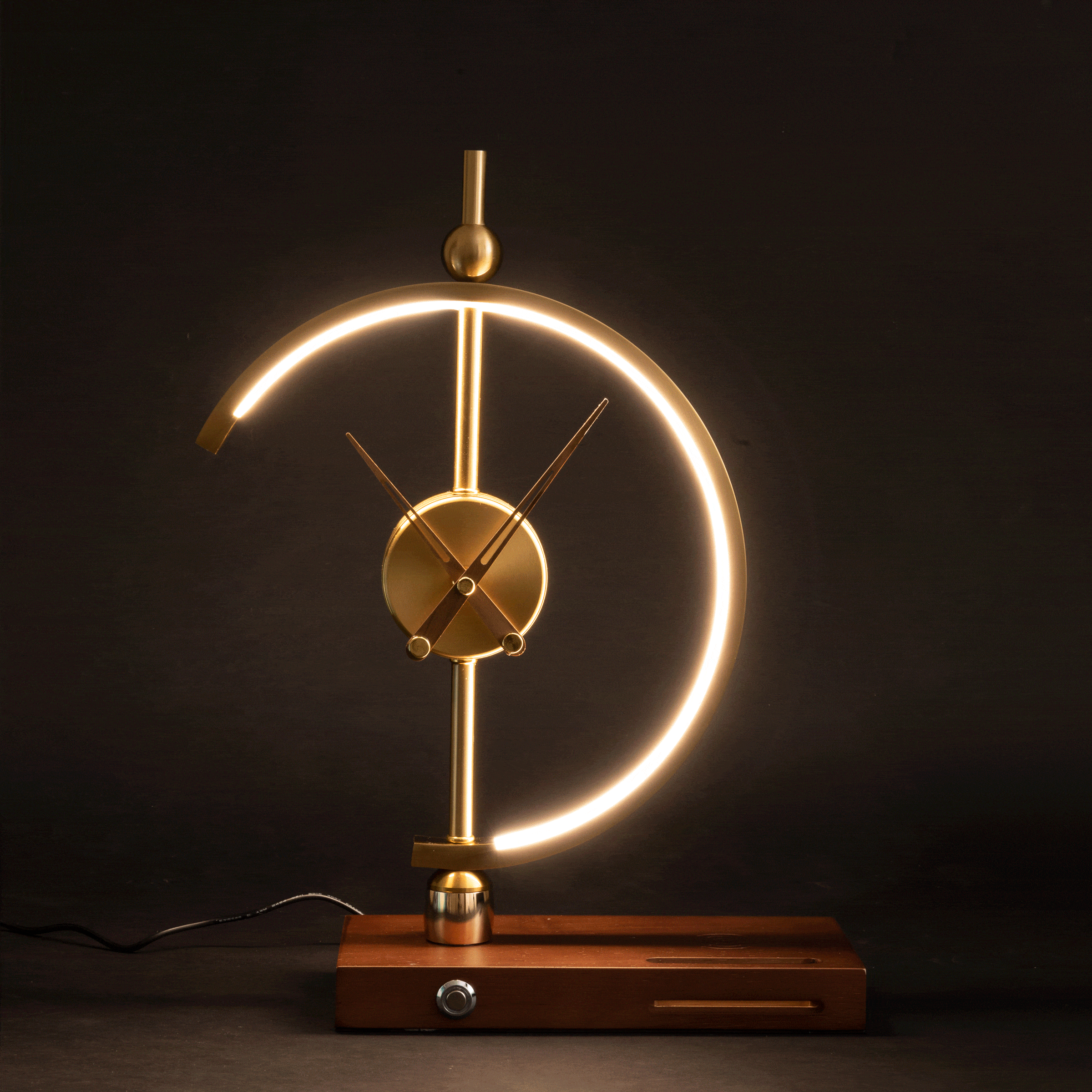 LED Table Lamp with Clock and Wooden Base