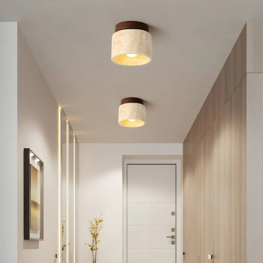 Travertine Ceiling Lamp with Wooden Accent 1