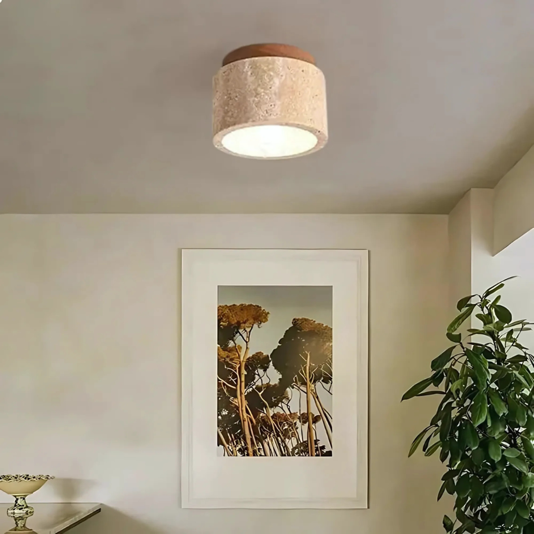 Travertine Ceiling Lamp with Wooden Accent 2