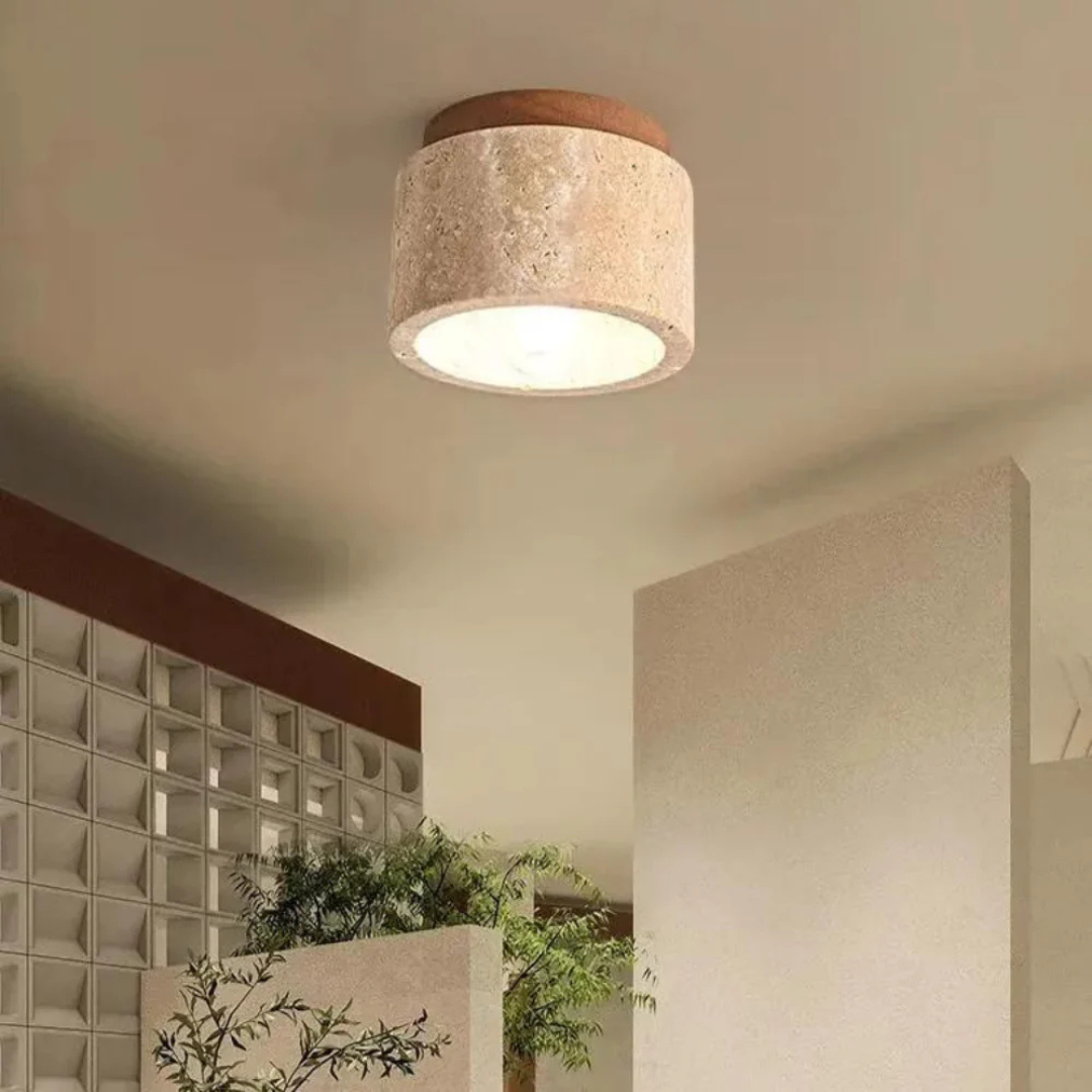 Travertine Ceiling Lamp with Wooden Accent 4