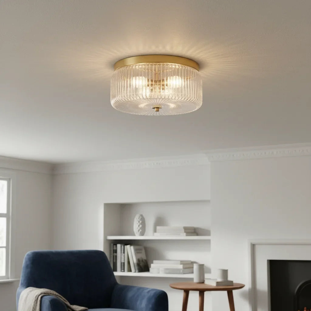Round Ribbed Glass Ceiling Light with Gold Finish