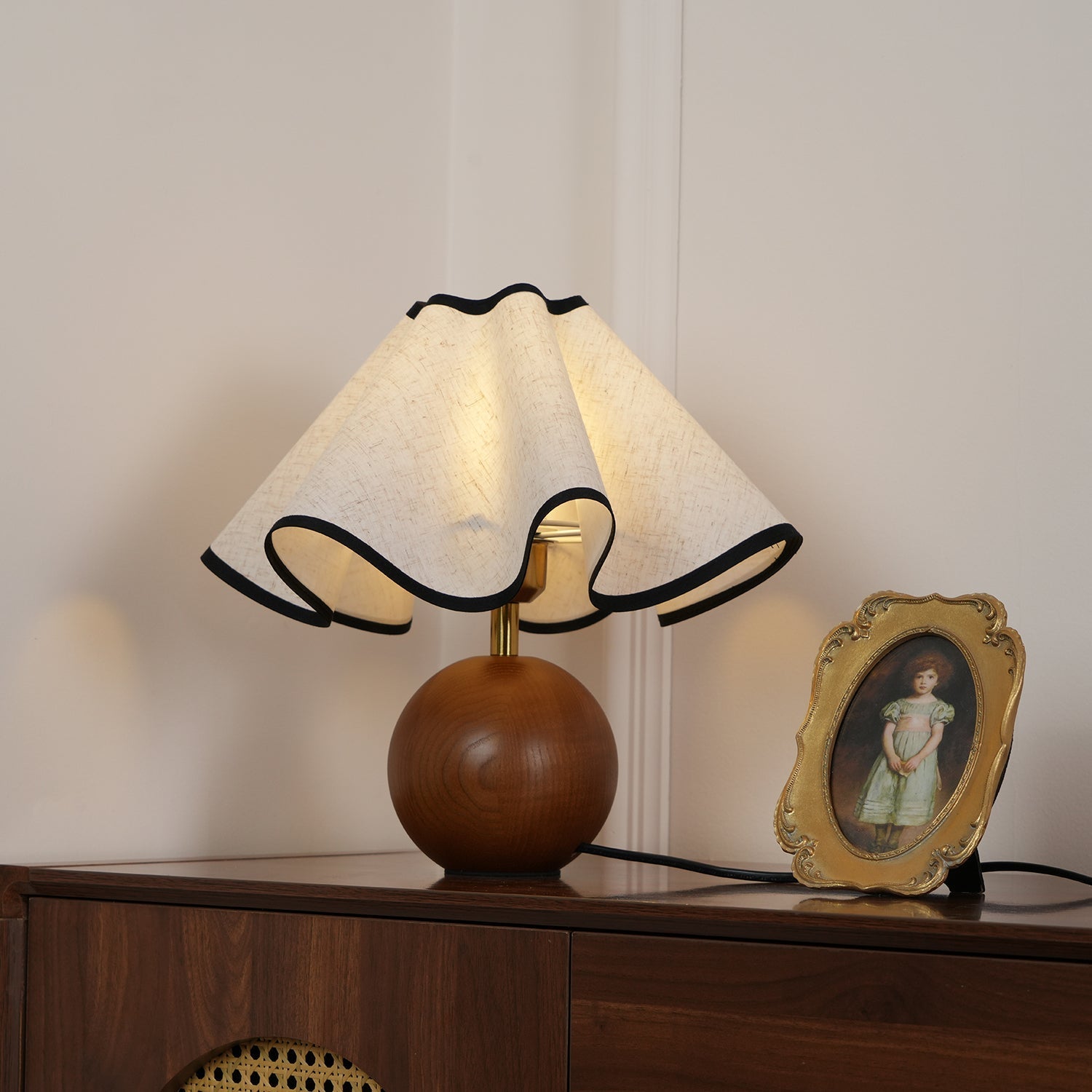 Round Wood Base Table Lamp with Wavy Fabric Shade