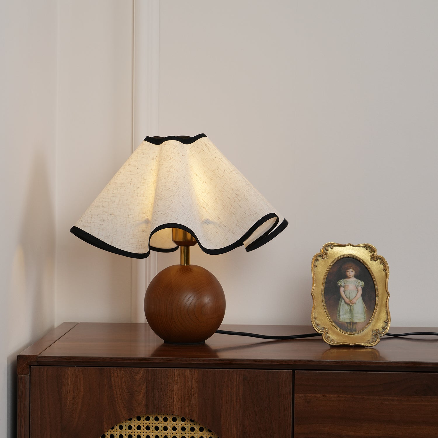 Round Wood Base Table Lamp with Wavy Fabric Shade