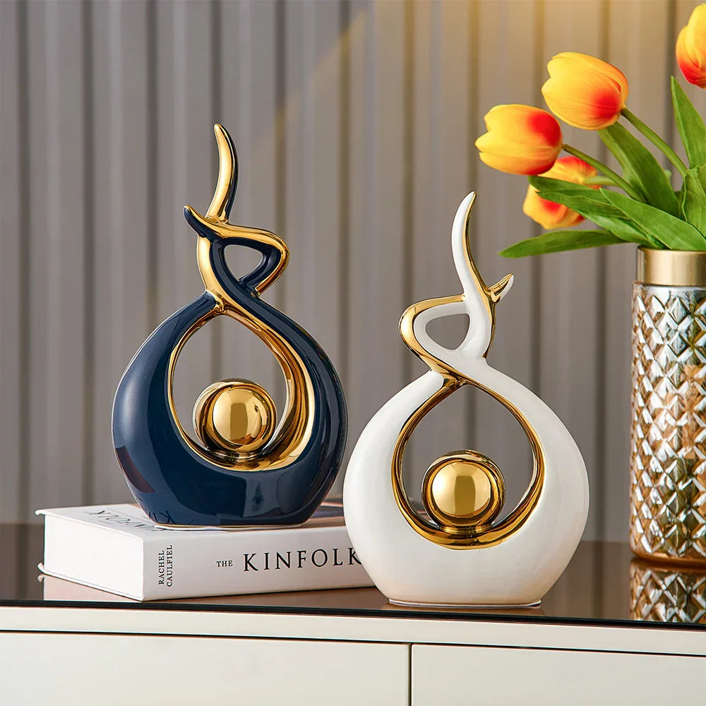 Abstract Ceramic Sculpture with Gold Detail Decorative Ornament