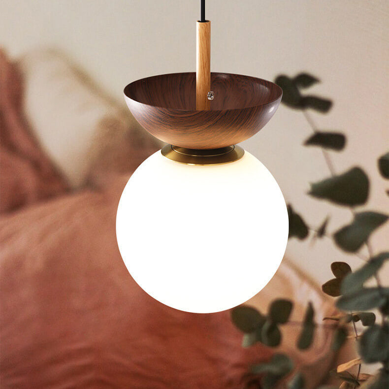 Single Globe Ceiling Light with Wooden Detail and Metal Mount