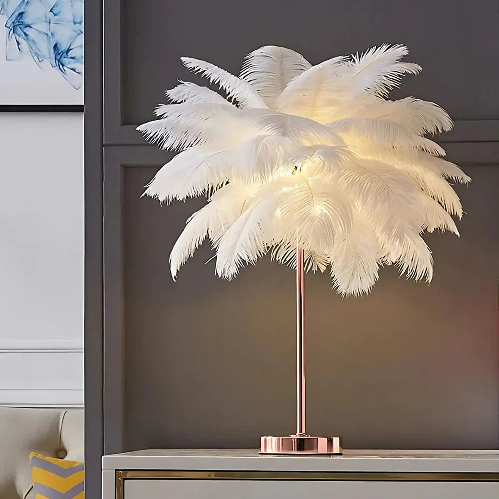 Feather Table Lamp with Metal Stem and Round Base