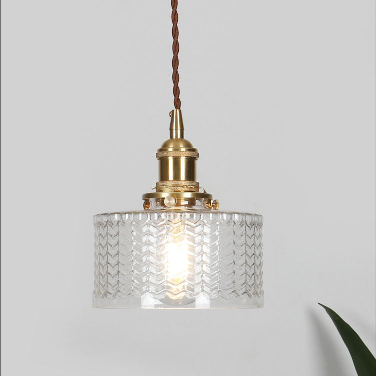 Brass Textured Glass Round Ceiling Pendant Light