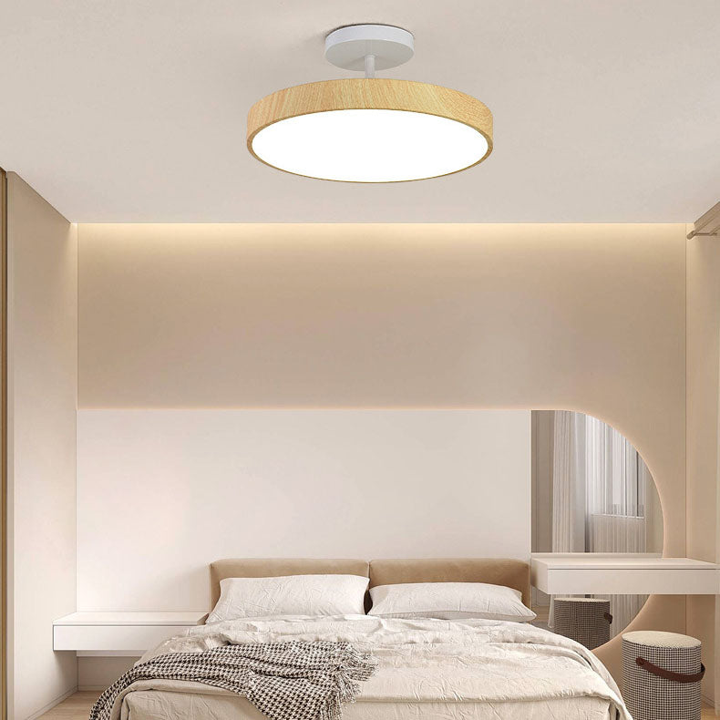 Round LED Semi Flush Ceiling Light with Japanese Wooden Frame