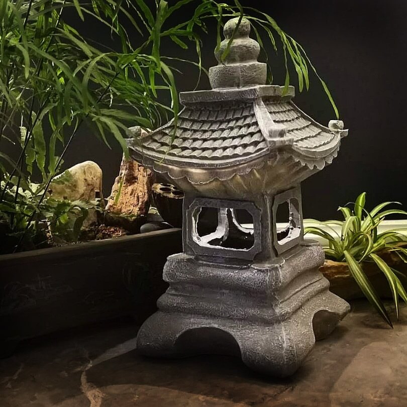 Solar Powered Pagoda Shape Resin Garden Light in Stone Finish