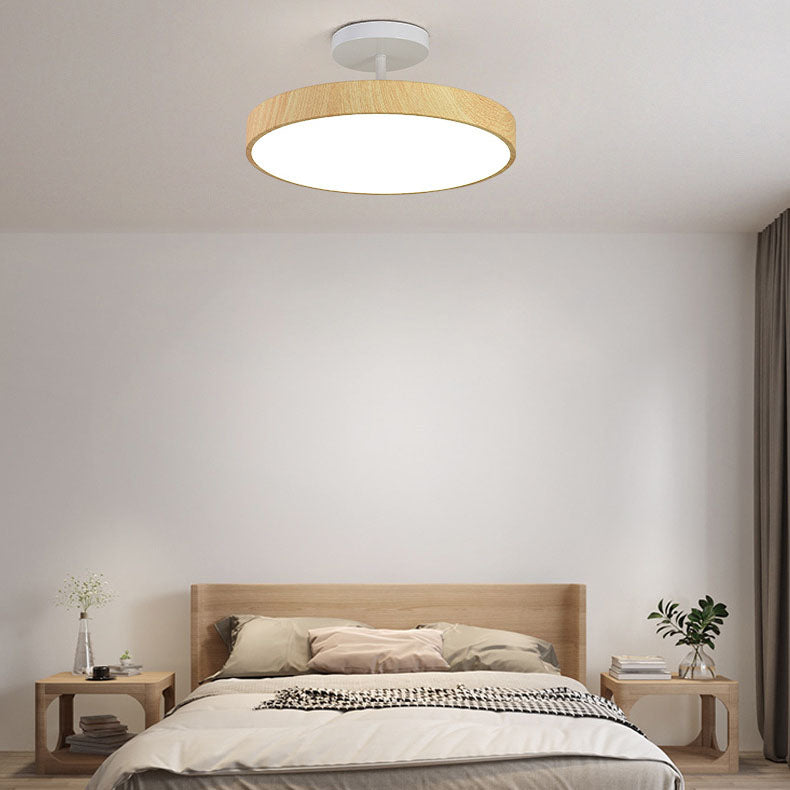 Round LED Semi Flush Ceiling Light with Japanese Wooden Frame