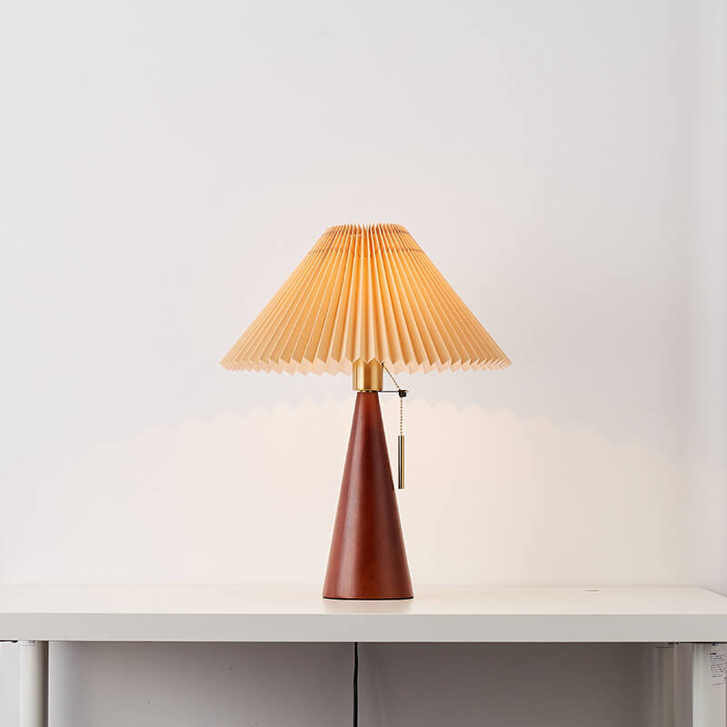 Wooden Table Lamp with Pleated Fabric Shade