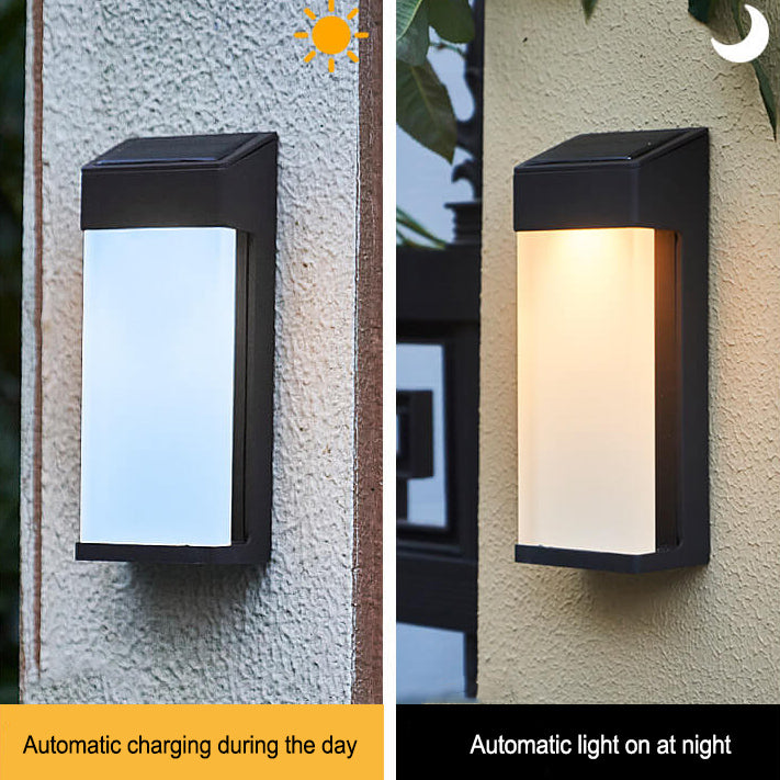 Solar Outdoor Wall Lamp Black Metal Rectangular Glass Shade