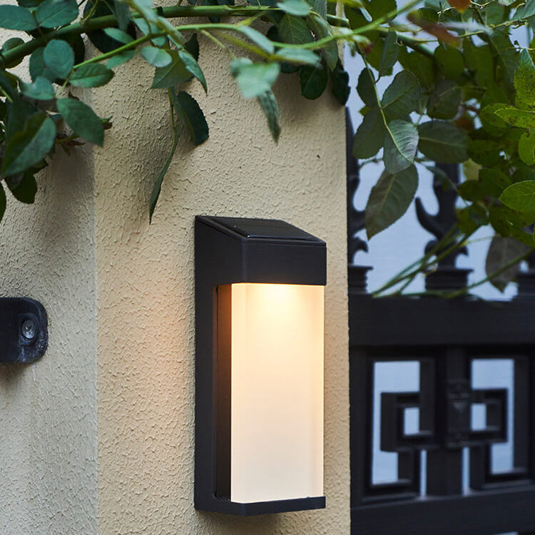 Solar Outdoor Wall Lamp Black Metal Rectangular Glass Shade