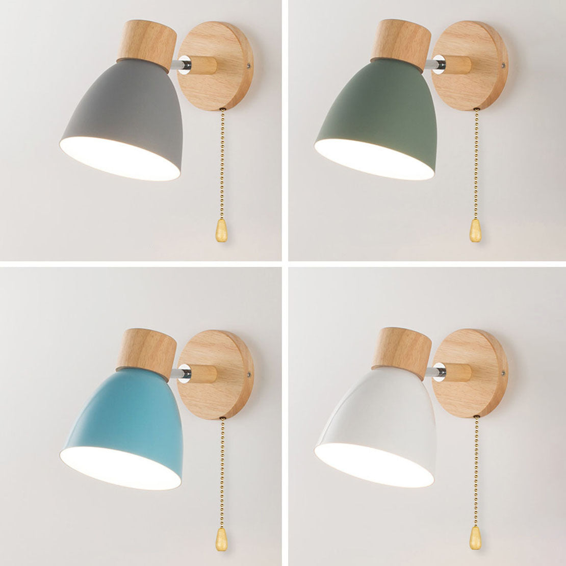 Wandlamp met houten bevestiging en metalen kegelvormige kap