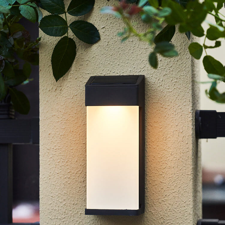 Solar Outdoor Wall Lamp Black Metal Rectangular Glass Shade