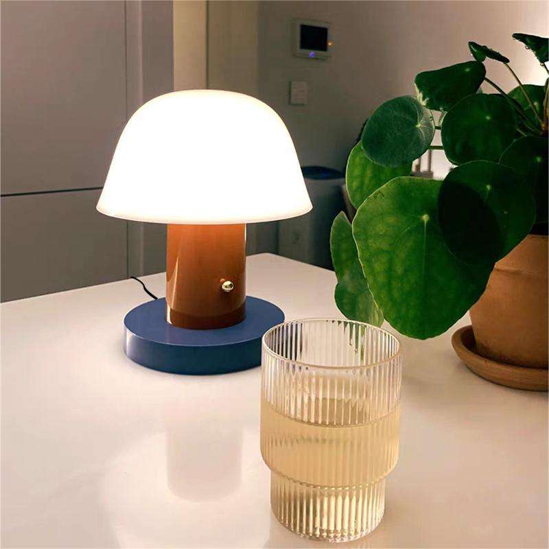Glass-Look Mushroom Table Lamp with Cylindrical Metal Base