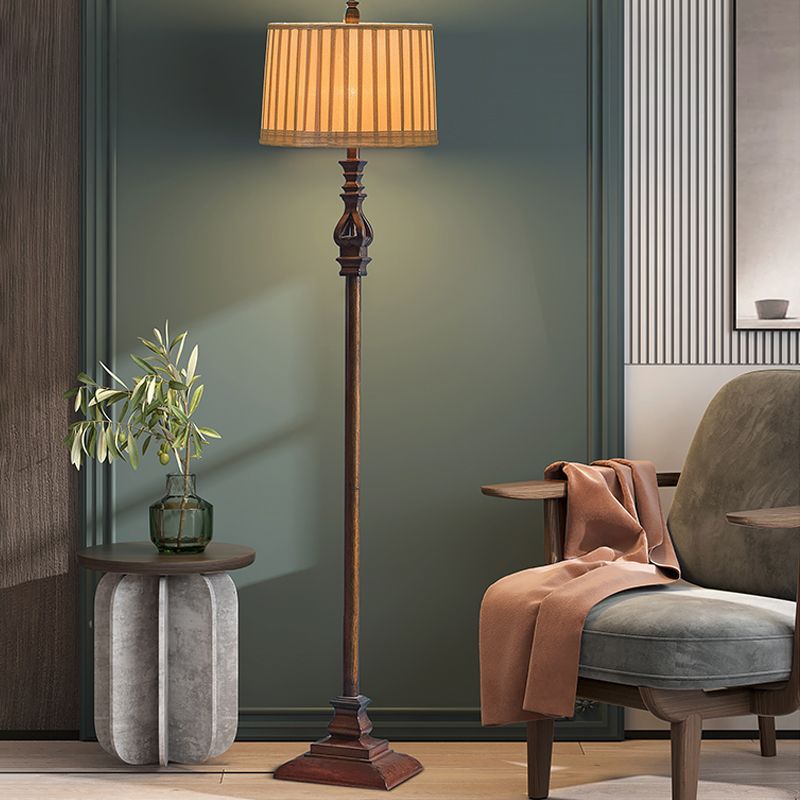 Brown Vintage Floor Lamp with Pleated Shade and Resin Stand