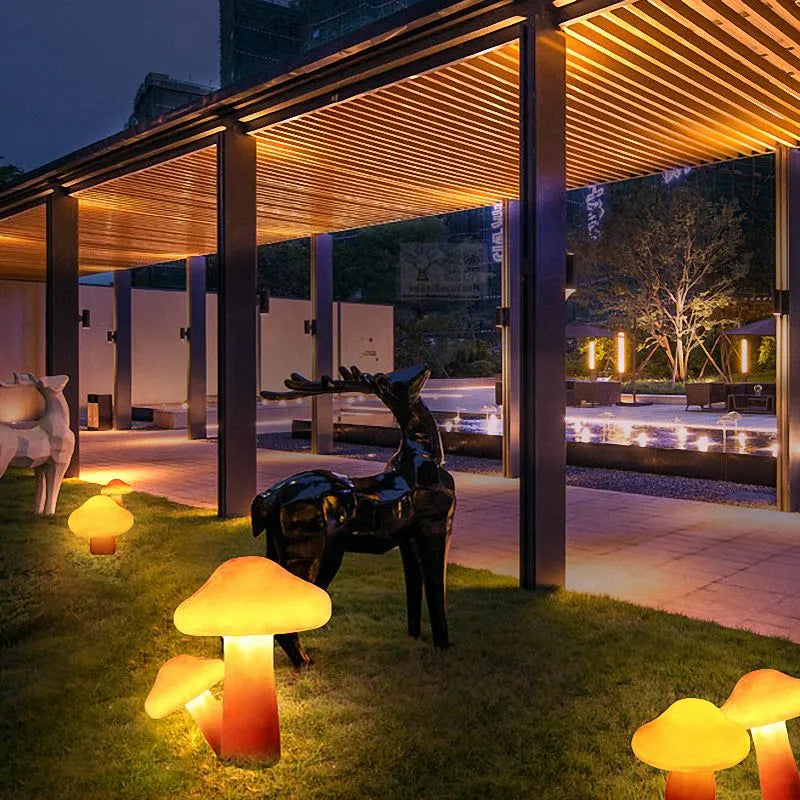 Outdoor Mushroom LED Garden Lamp Set in Orange Resin